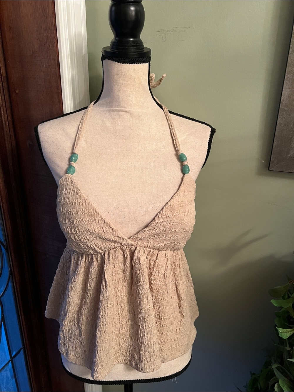 Derek Heart Beige Halter Peplum Camisole with Turquoise Bead Accents